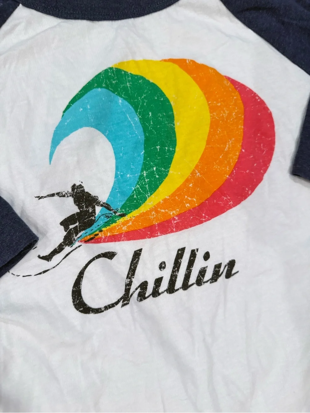 Chaser Chillin Raglan Tee in Navy & White with Rainbow Wave